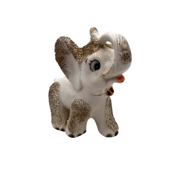 Vintage Ceramic Elephant Figurine Textured Fur & Gold Bell Adorable Retro Decor - Picture 1 of 10